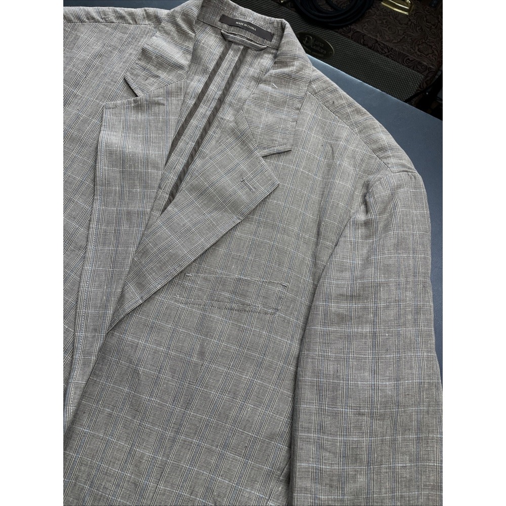 Tasso Elba Taupe Brown Blue Plaid All Linen Blazer Jacket Size Large